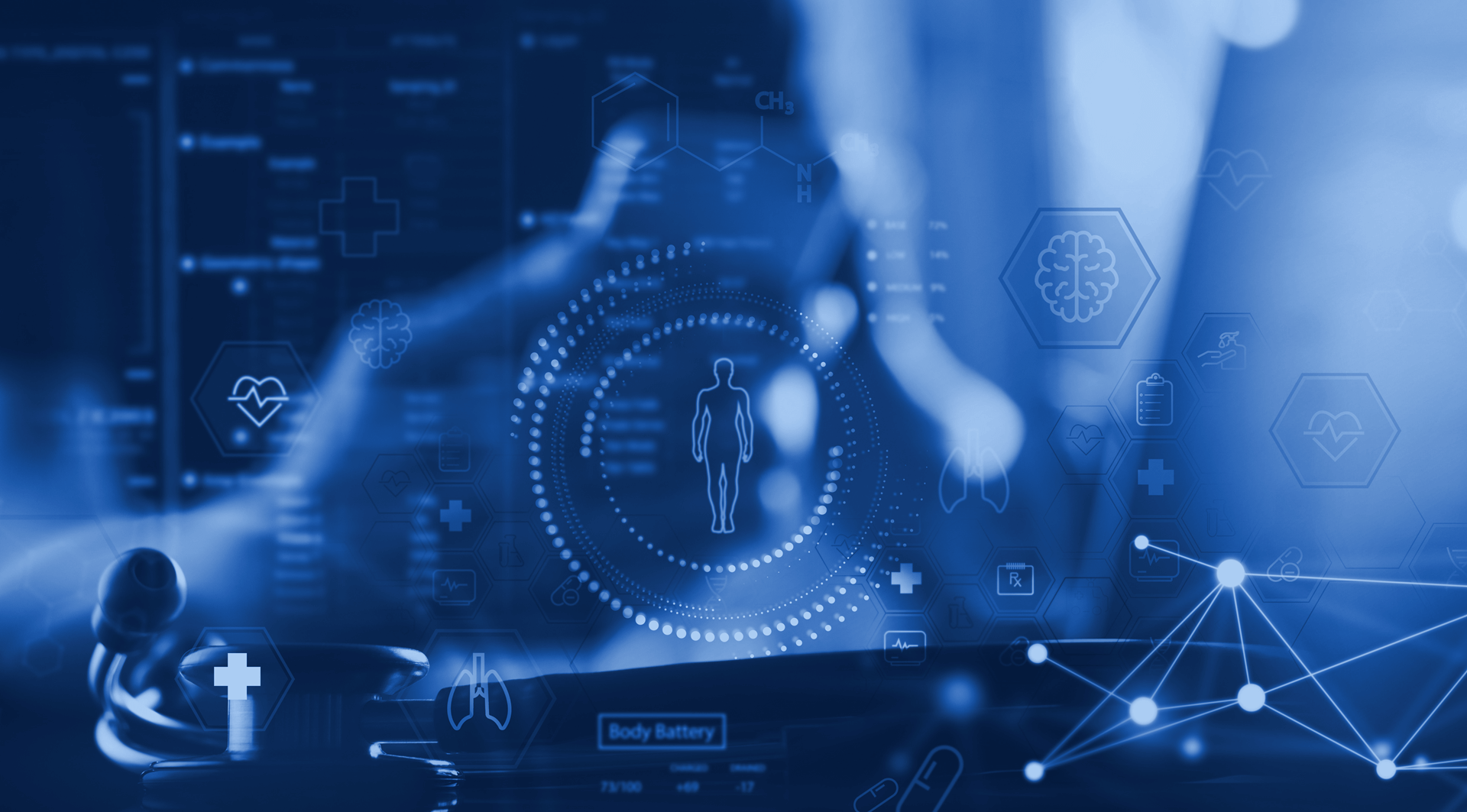 Zoom in of a screen with an outline of a human body at the centre with a blue tint