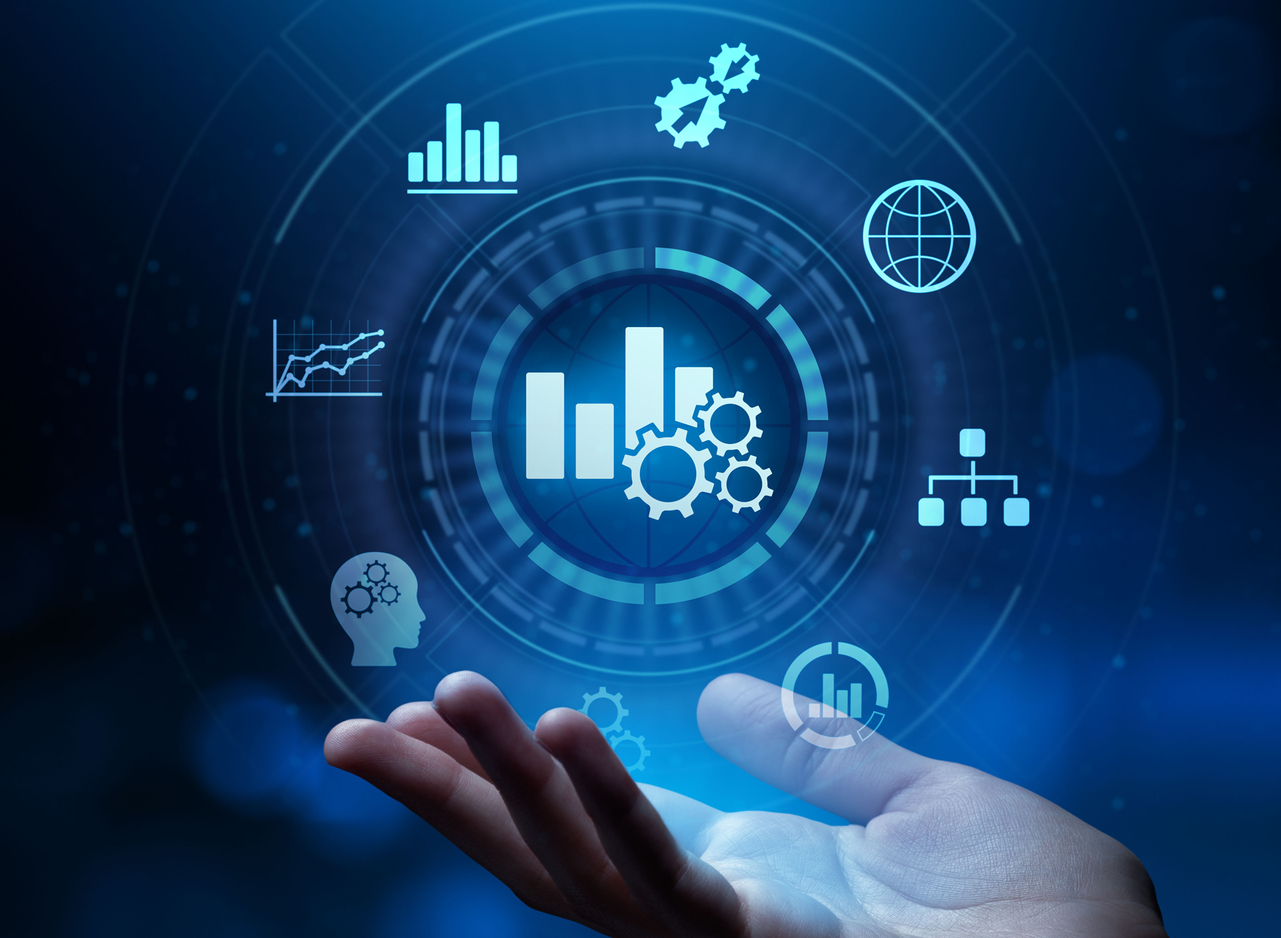 Hand with blue data symbols floating above it in a circle
